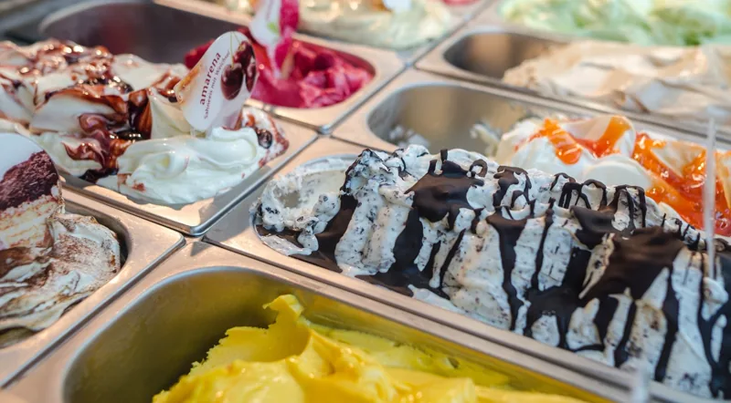 Trays of artisan gelato in a Rome gelateria